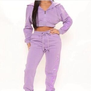 Fashion Nova 2 pc lavender/lilac Matching Cropped Jacket Sweatpants Jogger set